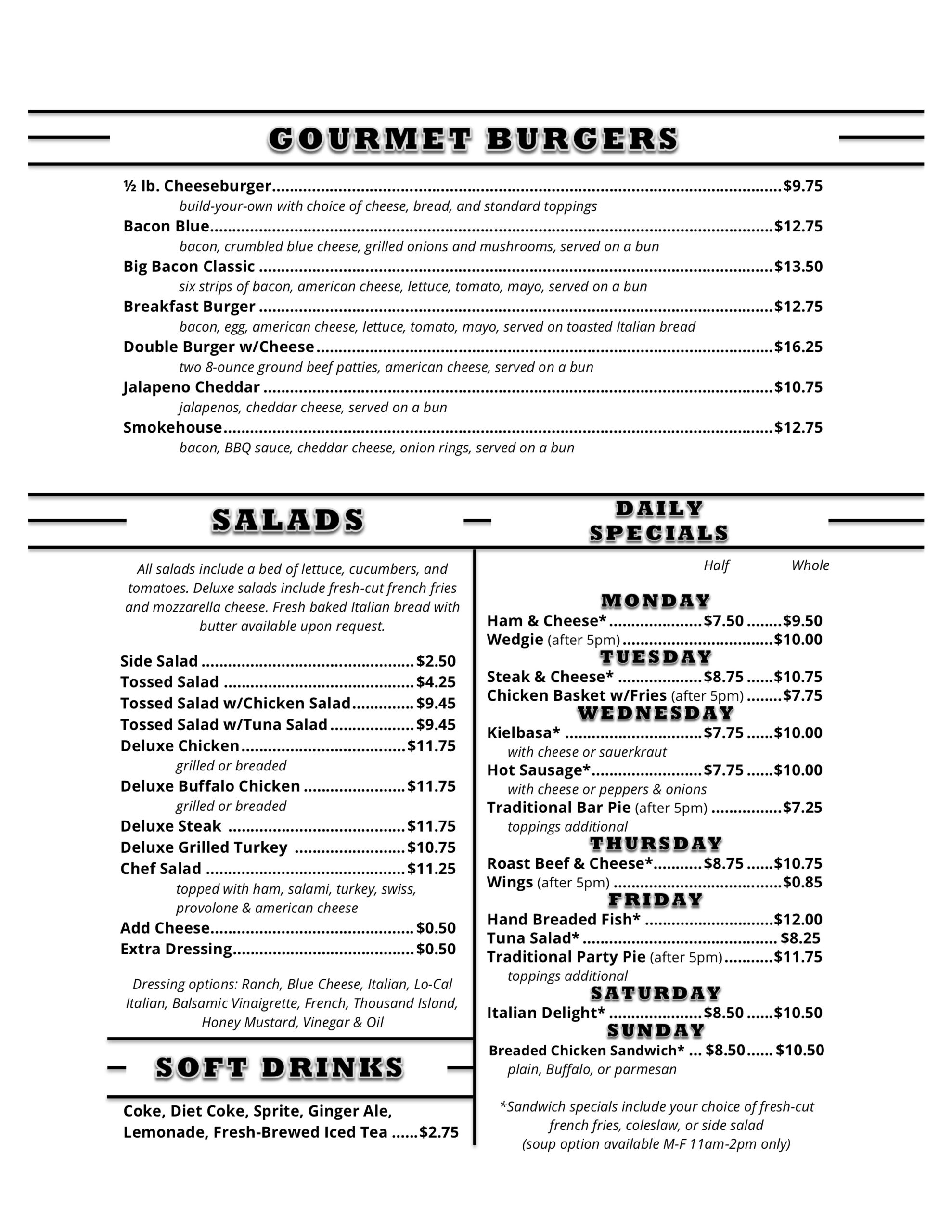 Alexions Menu Salads Burgers Specials Drinks